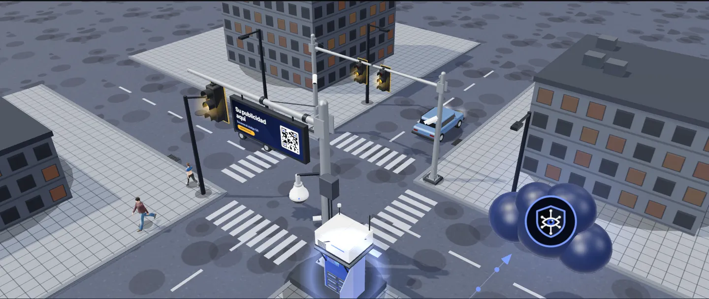 La esquina con el poste Panoptes: semáforo, cámaras, pantalla y caja de control